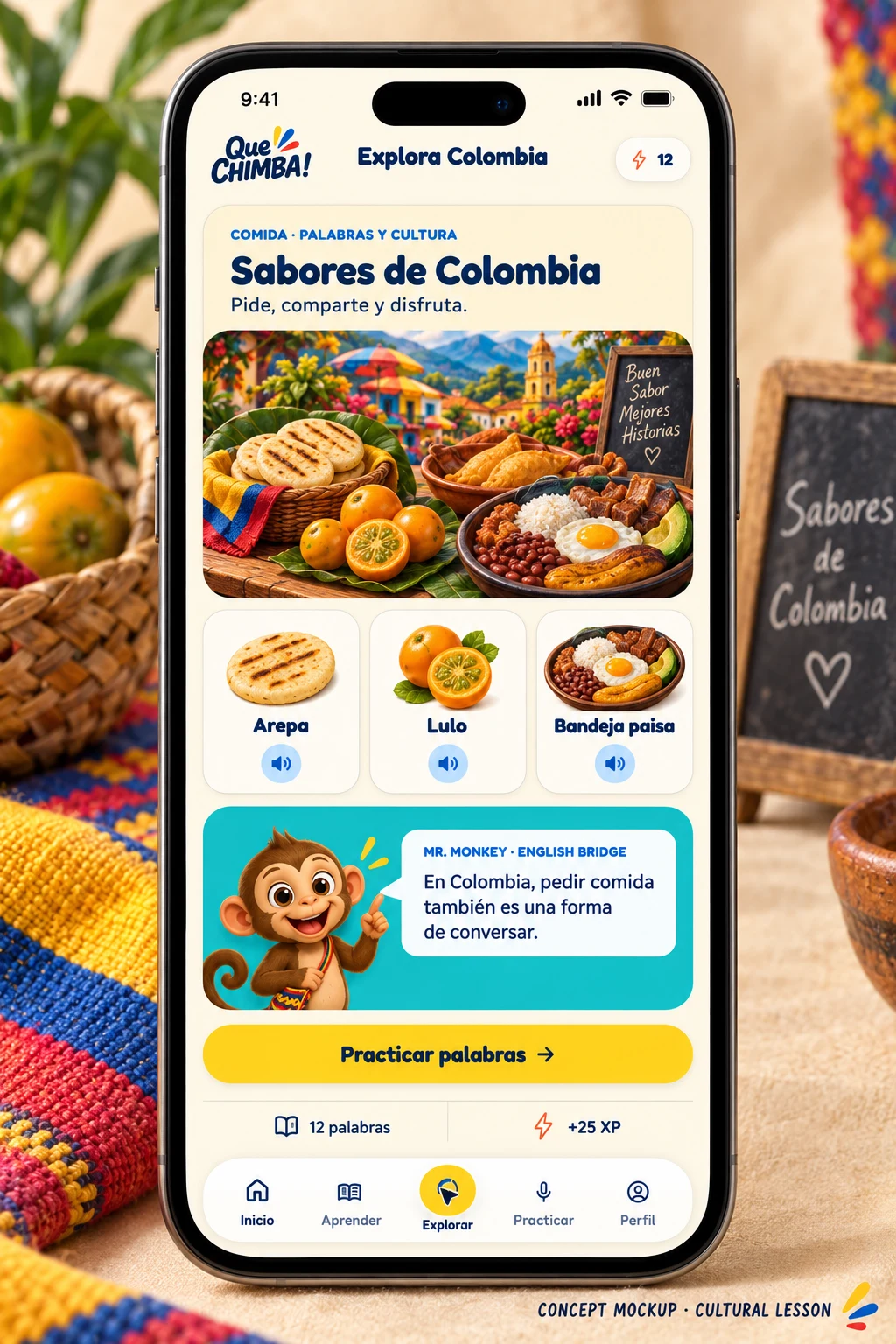 A proposed cultural lesson concept, Sabores de Colombia, inside a phone frame: a Colombian food illustration with word cards for arepa, lulo and bandeja paisa and a Mr. Monkey English Bridge card explaining that ordering food is also a way to converse.