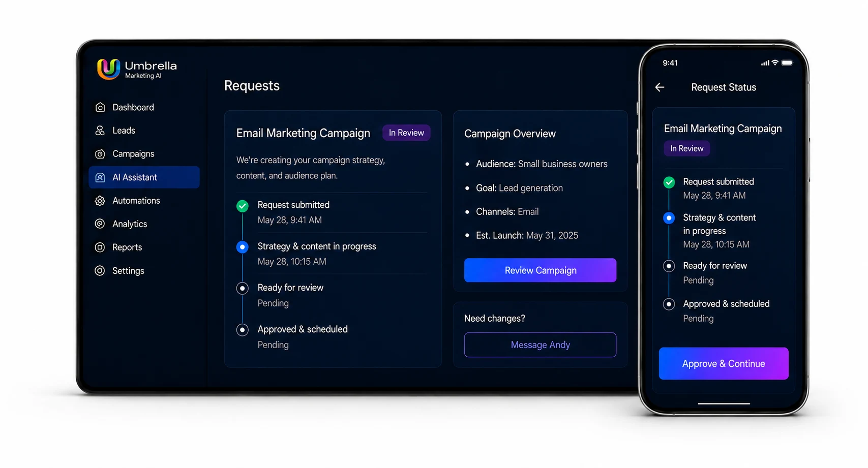 Umbrella request dashboard and mobile approval status interface