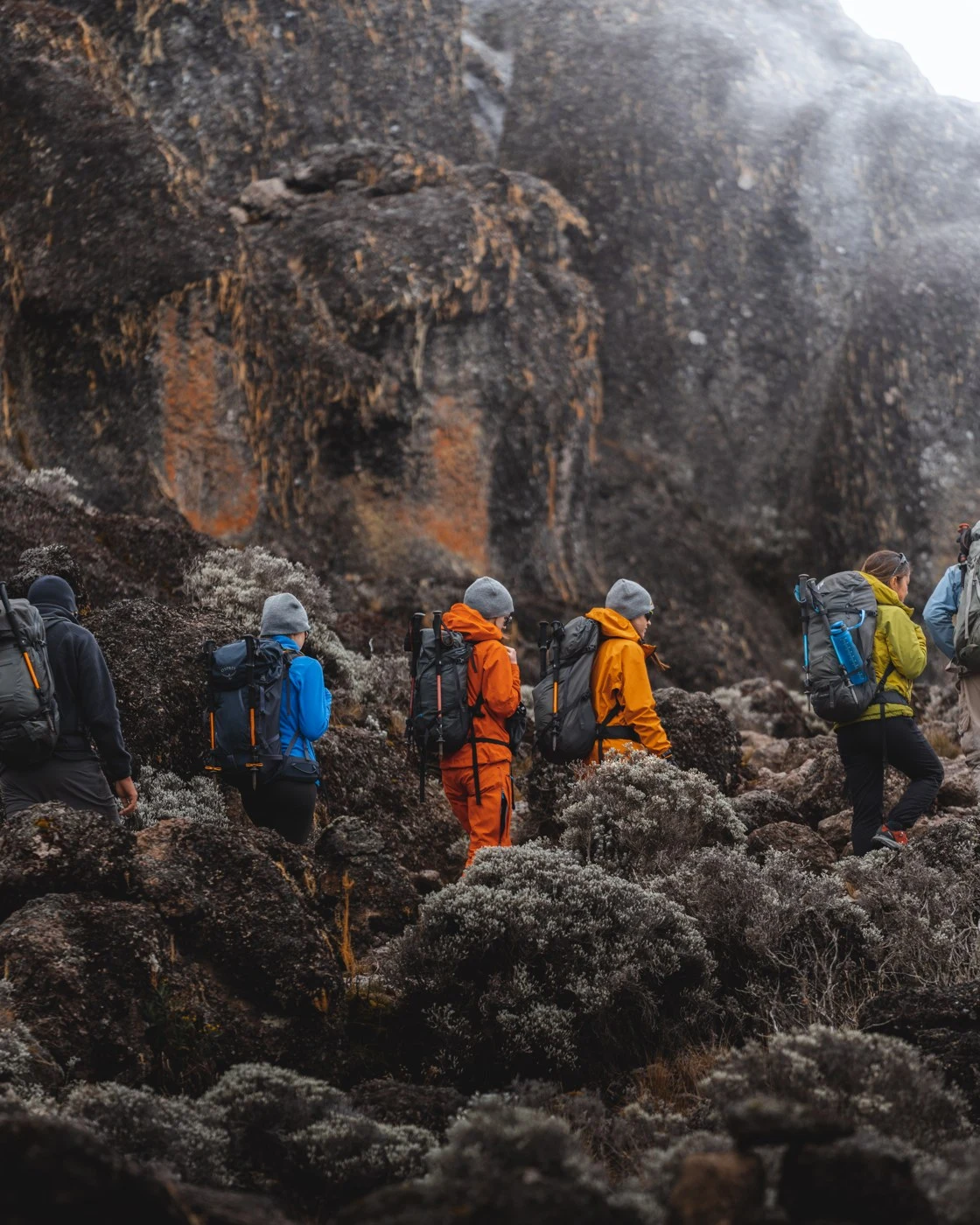 Trekkers training on Kilimanjaro above Barranco Valley