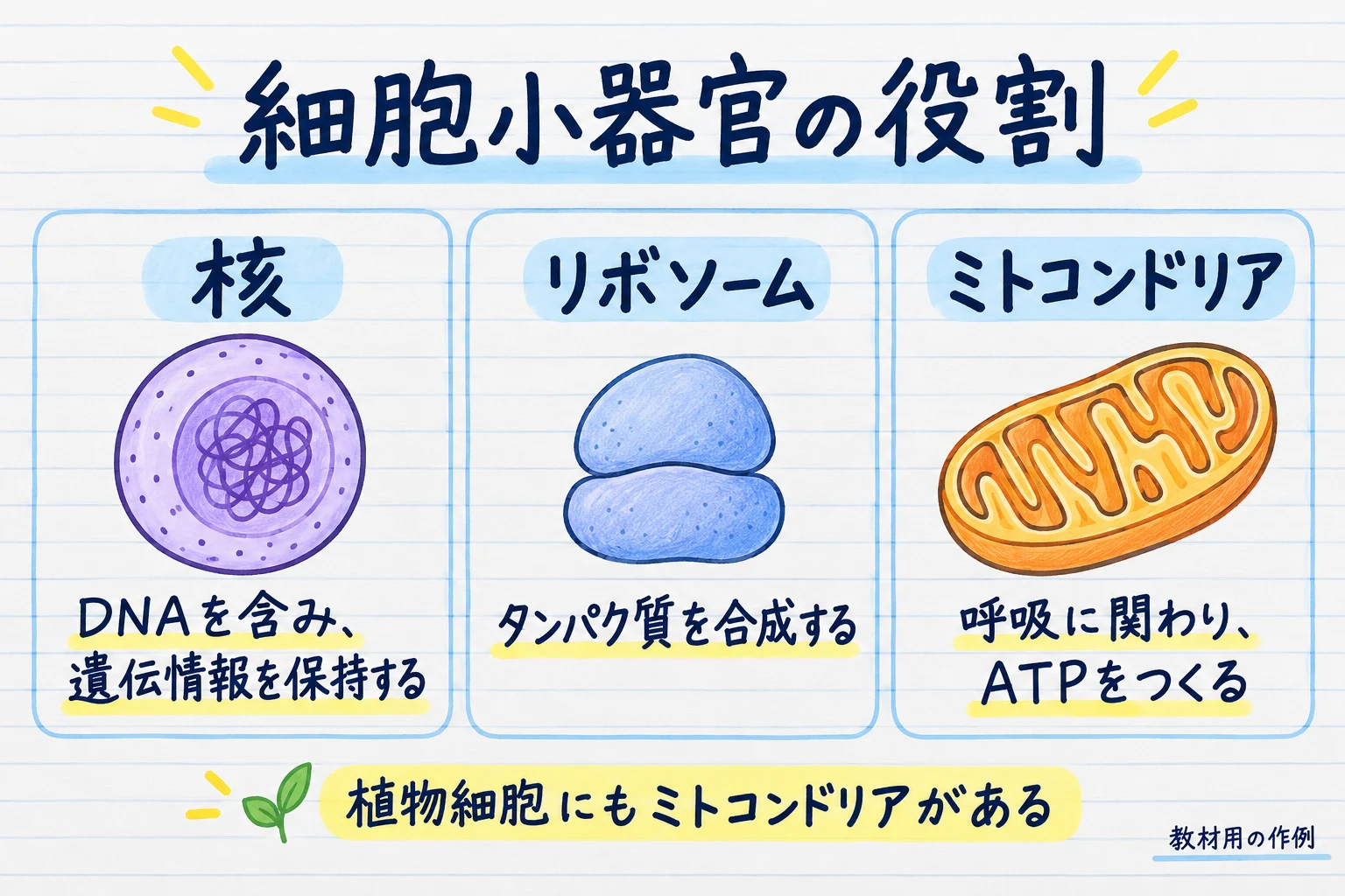 核・リボソーム・ミトコンドリアの役割を手書きノート風のカードでまとめた教材用の作例